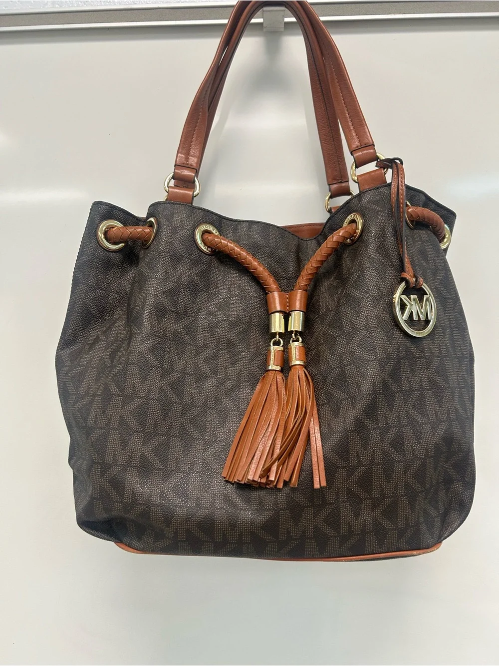 Michael Kors Jet Set large leather Brown Logo Tassel Drawstring Tote